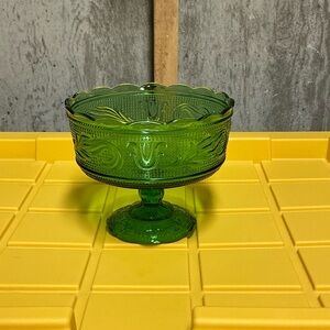 Vintage E.O. Brody Green Glass Pedestal Compote Candy Dish Footed Bowl USA